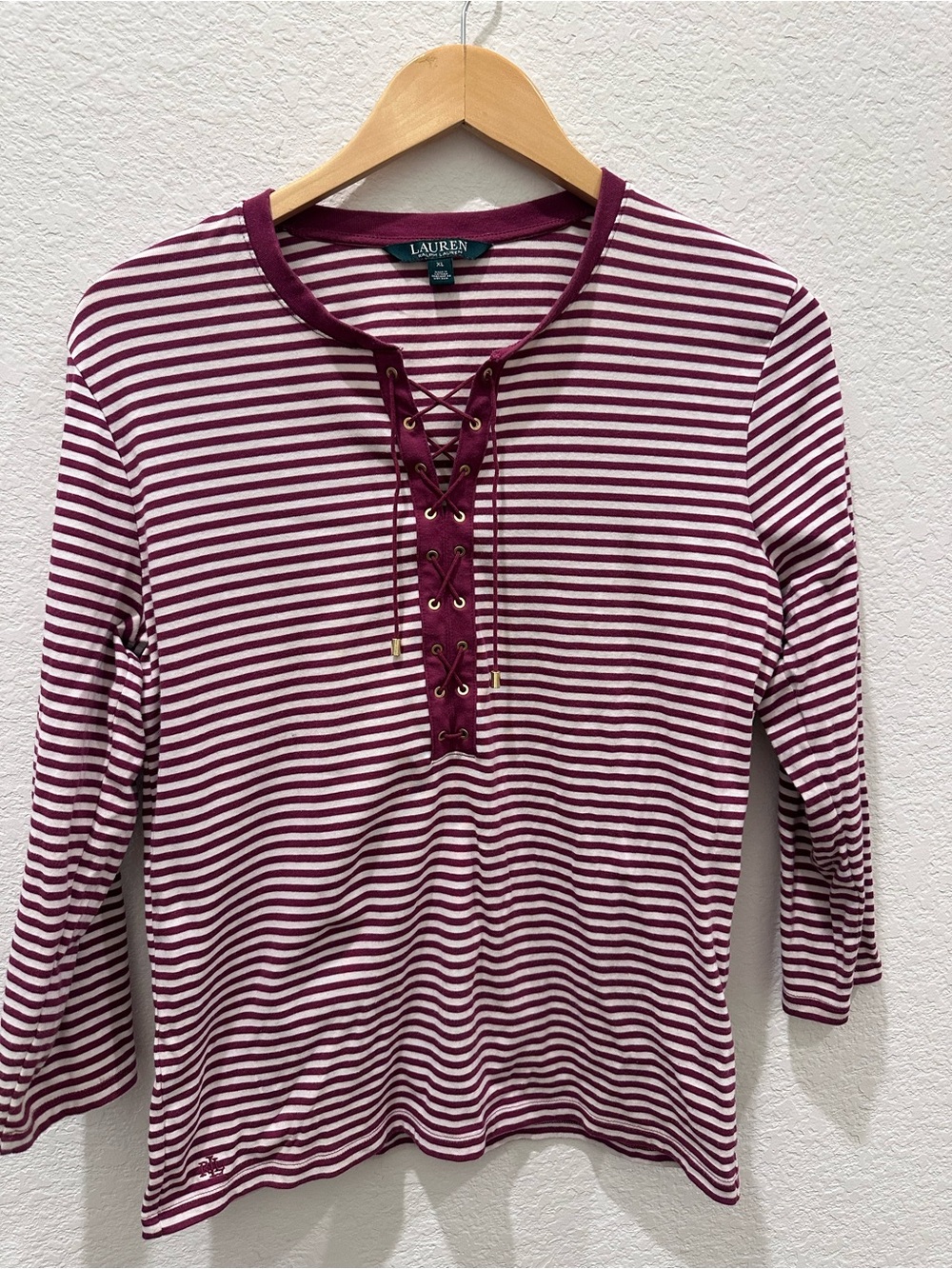 Lauren Ralph Lauren Burgundy Striped Lace Up Grommet Long Sleeve Top XL